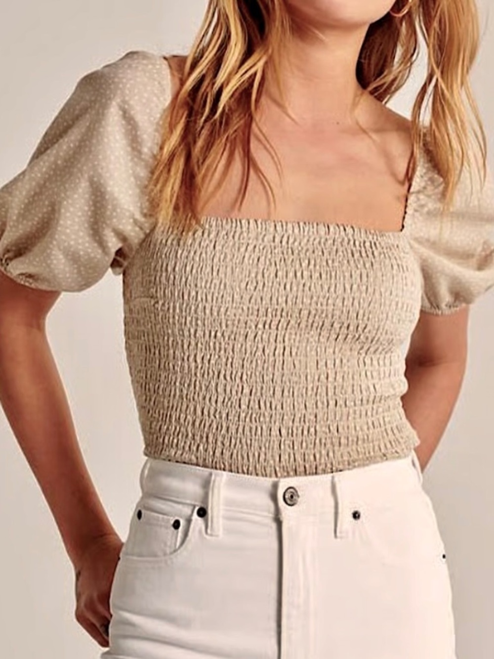 Abercrombie & Fitch Tan Polka Dot Smocked Puff Sleeve Top - Size Small